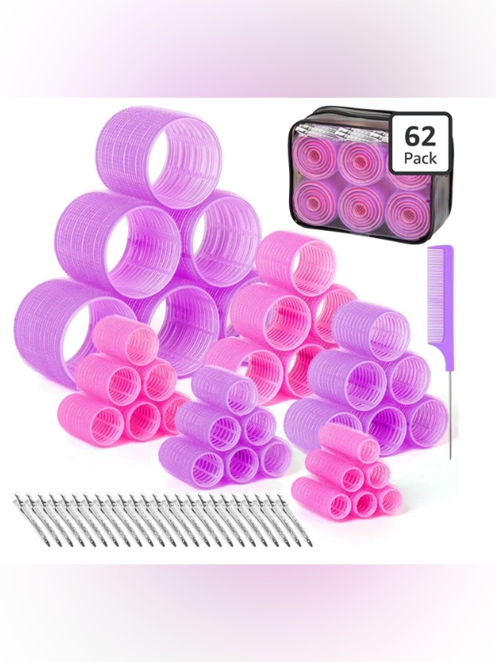 ✨NEW 62-Piece Hair Roller Set | Curlers - 6 Sizes | Clips, Storage Bag, + Comb💜💖